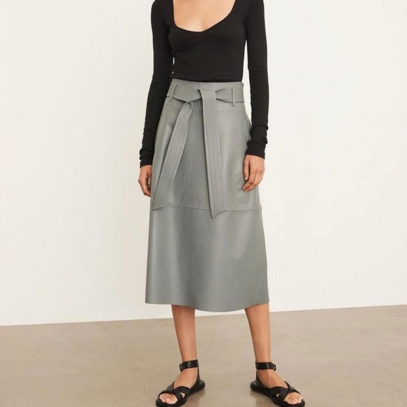 NWT Vince Topstitched Belted Lambskin Leather A Line Midi Skirt Sea Stone Gray 4 - Picture 1 of 16